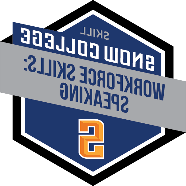 Hexagonal "badge" with Snow College logo and the word Speaking
